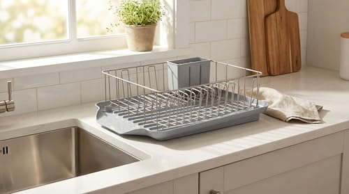 Image of Farberware Classic 3-Piece Dish Drying Rack Set, Gray - Rust-Resistant Dish Rack for Kitchen Counter with Self-Draining Board and Flatware Caddy