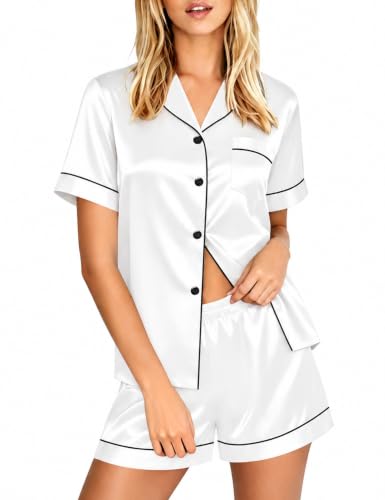 Image of LecGee Womens Silk Satin Pajamas Short Sleeve Loungewear Two-Piece Sleepwear Button-Down Pj Set