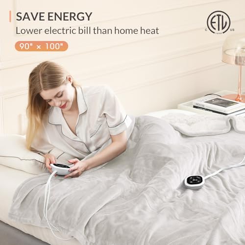 Image of HOMLYNS LuxeHeat Heated Blanket Electric Blanket King Size, Soft Flannel Sherpa Heating Blanket with 10 Heat Settings, 1-10 hrs Timer Auto Shut Off (90x100 inches, Cream), Only for 120V Voltage Use