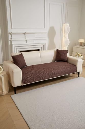 Image of HOMETHREADS Premium Embroidered Cotton Sofa Cover Mat with PVC Backing for Non-Slip Comfort (Brown, 5 Seater | 70x230cm)