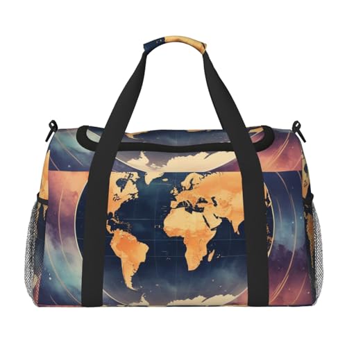 World Map Print Travel Duffle Bag - Foldable Personal Item Travel Bag for Women & Men,Carry-On Convertible Crossbody Tote Bags with Adjustable Shoulder Strap & Pockets 13x10.2x19.7 in