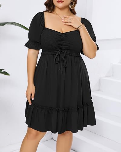 Image of Pinup Fashion Women Plus Size Puff Sleeve Summer Floral Smocked Short Dress | Sweetheart neckline, smocked bodice, ruched ruffle hem, cute babydoll style, for beach, vacation, casual wear