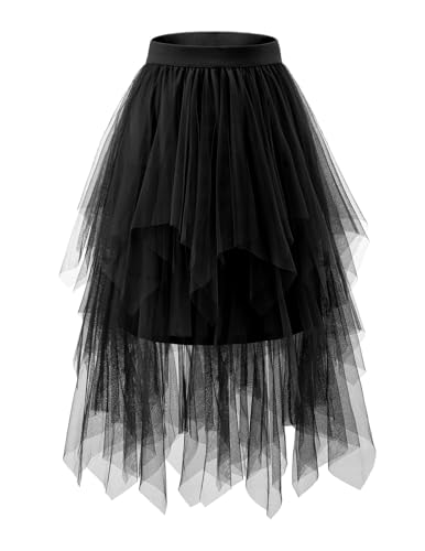 bridesmay Tüllrock Damen Elastischer Waistednd Asymmetrisch Sommerrock Midirock Halloween Karneval Party A-Linie Röcke Black L