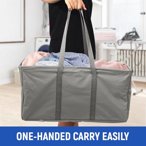 Collapsible Reusable Grocery Bags, Foldable Shopping Tote Bags with Handles, Large Utility Tote Bag with Handy Pockets, Sturdy Grocery Basket for Kitchen, Shopping, Laundry, Travel, Campout Grey - Thumbnail 5