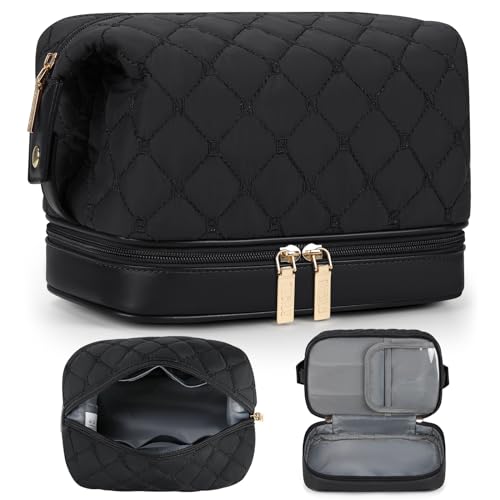 𝗠𝗮𝗸𝗲𝘂𝗽 𝗕𝗮𝗴 Portable Cosmetic Bags Double Layers Makeup Organizer Bag Travel Toiletry Bag Water-resistant Make Up Bag for Women Black