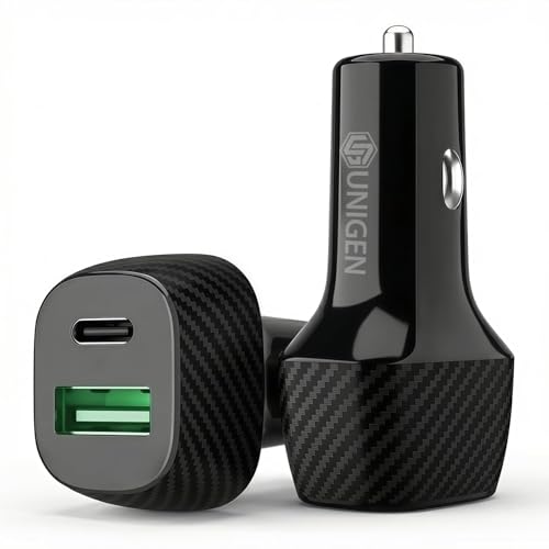 Image of Unigen Dual Port Car Charger (75W) (USB-C PD + USB QC 3.0), Compact Metal Car Charging Adapter Compatible with iPhone, Android Smartphones, Earbuds, Smartwatch & Power Bank (Black)