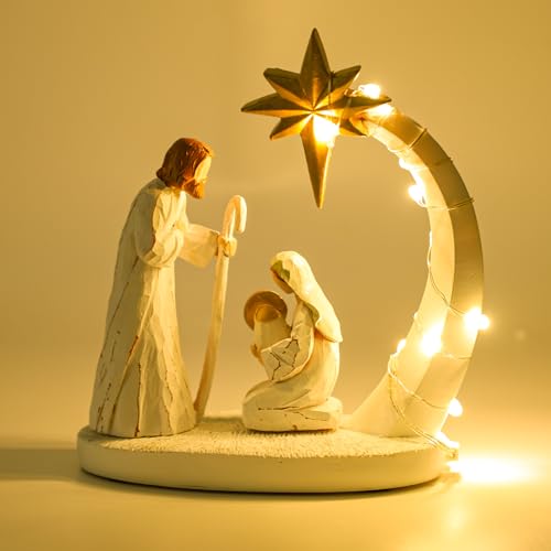 Nativity Sets for Christmas Indoor- Nativity Set with LED Lights, Nativity Scene with Manger, Nativity Sets & Figures Nativity Story- Christmas Tabletop Decorations