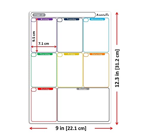 Image of Awestuffs Magnetic Whiteboard Sheet for Fridge /Office /Metal Wardrobe - Stain Resistant Dry Erase Flexible Writing Whiteboard Sheet with 2 Marker Pens (Weekly Planner [31 x 23 cm] (Medium))
