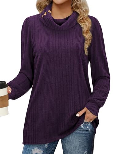 Bulotus Women's Turtleneck Tunic Sweaters Long Sleeve Ribbed Knit Comfy Loose Casual Fall Sweater