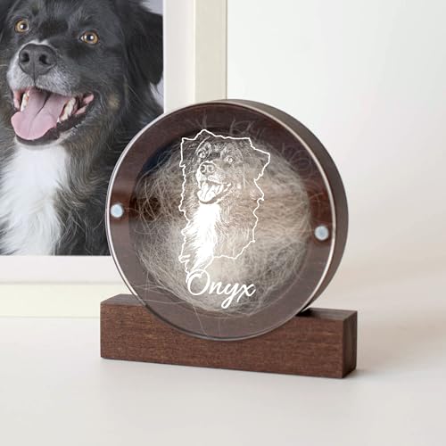 Image of Personalized Pet Hair Keepsake Box for Dog and Cat Fur - Engraved Wood Memorial Box - Unique Customized Gift for Loss of Furry Friend Wooden (Dark Round Wood /Acrylic Lid, With Photo)