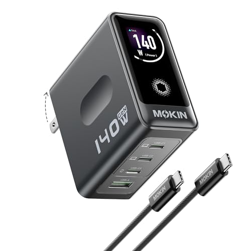 MacBook Charger 140W USB C Charger Block 4-Port GaN PD3.1 PPS Fast Charging Laptop Wall Charger Power Adapter Touch Screen Smart Display for MacBook Pro/Air iPhone iPad