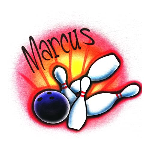 Airbrush Bowling Ball & Pins Name Design T Shirt, Reds Orange & Yellow