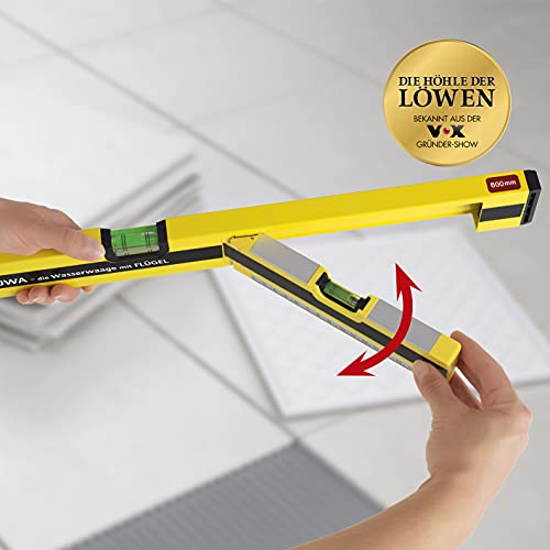 Foto von FLÜWA Wasserwaage mit Flügel 60 cm | Mit aufgedrucktem Winkelmesser (45° & 90°) & magnetischer Unterseite | Ausklappbarer Flügel zum gleichzeitigen Nivellieren in zwei Richtungen