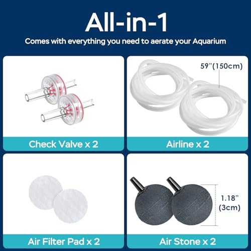 AquaMiracle Aquarium Air Pump with 2-Outlet, Super Quiet Powerful Fish Tank Air Pump with Double-Layer Sound Insulation, Adjustable Pond Aerator Pump, High Efficiency Oxygen Supply for Aquariums - Thumbnail 6