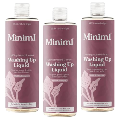 Bundle - Miniml Washing Up Liquid Rhubarb & Lemon - 400ml - Plant Based Vegan Dish Soap, Biodegradable, Non-Toxic, Tough on Grease, Gentle on Hands - Pack of 3