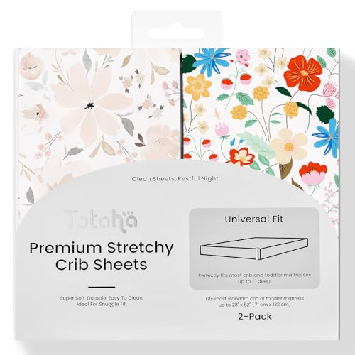 Image of TotAha Floral Crib Sheets 2-Pack, Hypoallergenic, Silky Comfort, Buttery Soft, Calming Effect, All-Season Jersey-Knit Pink Flower Baby Sheets, Premium Stretchy 9'' Extra Deep Pocket