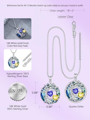 TOUPOP s925 Sterling Silver Family Celtic Tree of Life Pendant Necklaces with 2 Heart Birthstone with Blue Austrian Crystal Jewelry Birthday Anniversary Christmas Gifts for Her Wife Girlfriend Mom (18K Real White Gold Filled)4
