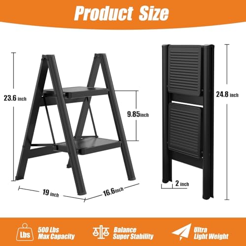 Image of Kiesh Portable 2-Step Folding Step Stool, Heavy Duty Steel Ladder with Anti-Side Slip Pedals, 500 lbs Capacity, Compact & Lightweight for Household Kitchen, Home & Office Use (Black)