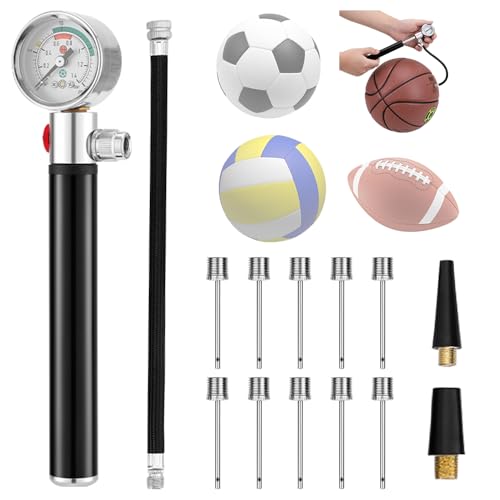 Mineup Ballpumpe Mit Manometer, Mini Luftpumpe Mit 10 Ball Nadeln 2 Düse Und 1 Schlauch, Tragbare Ballpumpe Aus Aluminiumlegierung, Tragbare Sportball-Luftpumpe Für Fußball Basketball Volleyball Rugby