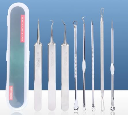 Extractor de punto negro, 8 piezas para extraer comedones, pinzas profesionales de acero inoxidable para quitar botones, acné, botones faciales, Blackhead Remover Herramienta con funda