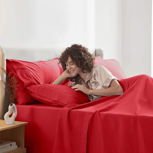 Image of Nestl Extra Deep Full Sheet Set - 6 Piece Breathable & Cooling Sheets - Hotel Luxury Bedding Set w /18-24 Inch Deep Pockets - Easy & Secure Fit - Super Soft, Wrinkle Free & Comfy - Red