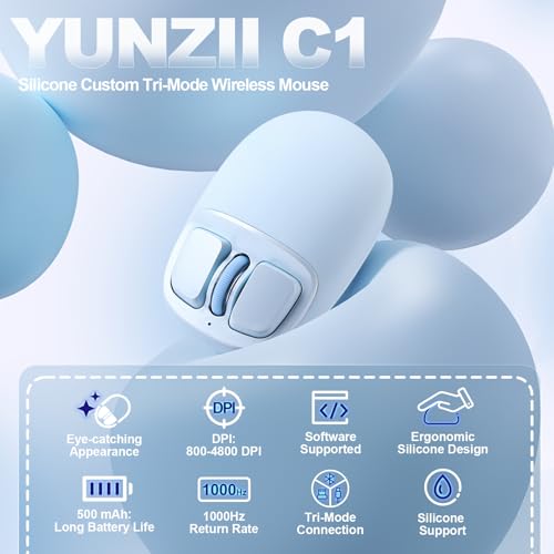 Image of YUNZll C1 Silicone Wireless Mouse, Tri-Mode 2.4G /USB-C /Bluetooth Mouse, 4800 DPl Optical Tracking, 6 Adjustment Levels,Customize Mice for Laptop, Computer, iPad, MacBook (Blue)