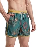 MaaMgic Herren Badeshorts Vintage Retro Boardshorts Schnelltrocknend Kurz Badehose Schwimmhose mit Mesh-Futter und Verstellbarem Tunnelzug Gelb Dunkelgrün XL