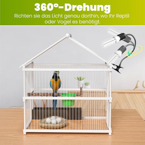 GlowUp Vogellampe komplettset Klemmlampe mit UVB 2.4 Vogellampe E27 20W für Vögel, Papageien Reptilien Vogel Beleuchtung