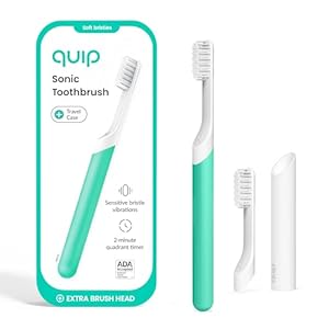 Quip Sonic Toothbrush for Adults with Timer – Includes Extra Brush Head and Travel Cover Mount – Electric, Soft Bristle Refill Head, Plastic Handle, 3 Month Battery Life – Travel Toothbrush – Green