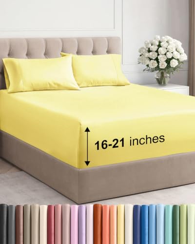 Image of Extra Deep Pocket Queen Size Sheet Set - Breathable & Cooling - Yellow