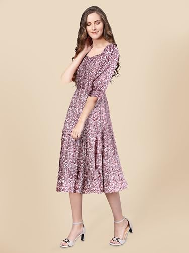 Image of Toochki Women's Maroon Muslin Floral Fit & Flared Western Dress | Dress for Women | A line Dress | Winter Dress | Western Dress | Women Dress | Trendy Dress | Midi Dress