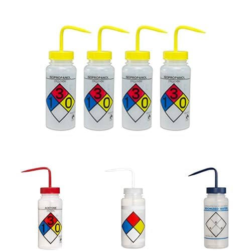 SP Bel-Art Safety-Labeled Wide-Mouth Wash Bottle Set – Isopropanol (Yellow Cap), Acetone (Red & Natural Caps), and Deionized Water (Blue Cap), 500 mL (16 oz) Polyethylene, Packs of 4 & 6 (18 Total)