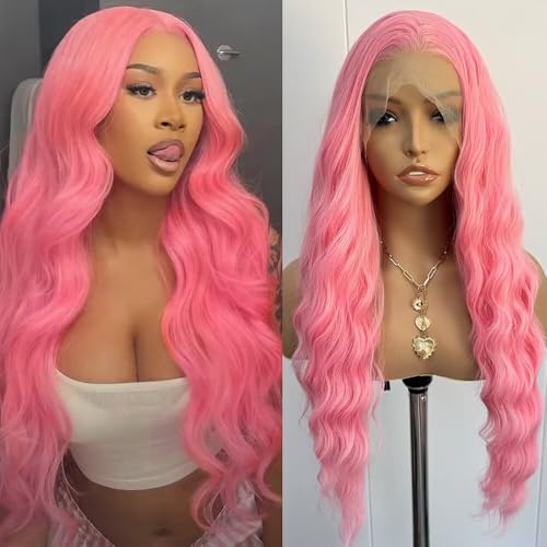 RONGDUOYI Hot Pink Wig Synthetic Lace Front Wigs Loose Wave Heat Resistant Natural Hairline Natural Wave Fiber Hair Glueless Lace Wigs for Women Loose Curly Cosplay Daily Party Wig 24Inch