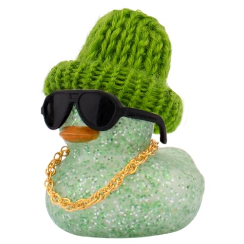 wonuu Car Dashboard Glitter Rubber Ducks, Festival Decorations Rubber Ducky for Car Ornament Cute Duck with Knit Hat, Glasses, Necklace, Light Green
