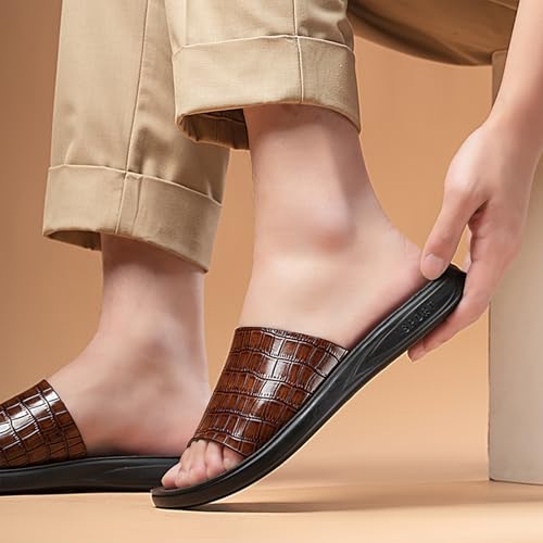 Image of Men's Print Genuine Leather Flat Slides Sandals Round Open Toe Non Slip Outdoor Slip On Casual Flats Slippers Lightweight Beach Summer Sandals