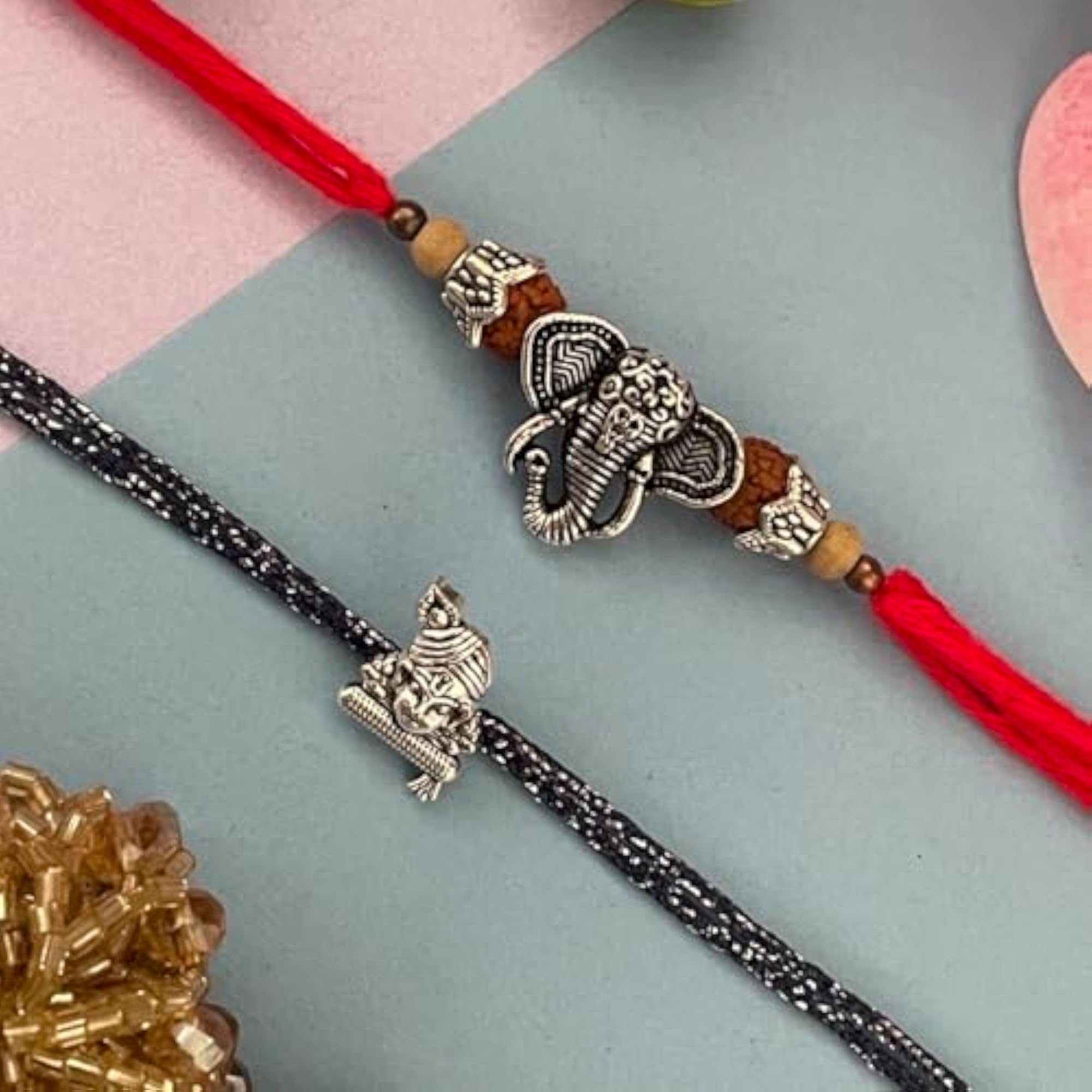 Set of 2 Silver Plated Lord Ganesha & Krishna Pendant Thread Rakhi Lumba