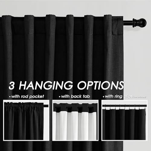 Image of Black 100% Blackout Linen Curtains for Bedroom 102 Inches Long Back Tab Thermal Insulated Vintage Farmhouse Decor Modern Black Out Curtain for Living Room Dining Room Drapes 52x102, 2 Panels