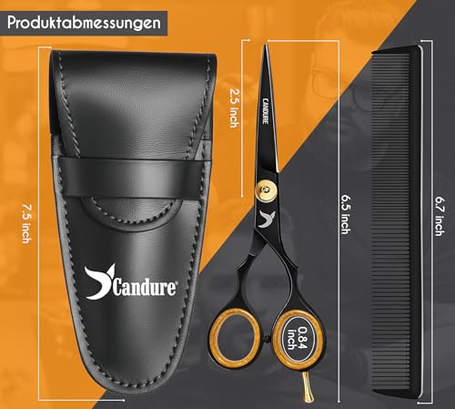 Candure Friseurschere met Kam & Leren Etui 6.5' – Haarschneideschere voor Professionele Kappers, Barbiers & Persoonlijk Gebruik voor Volwassenen en Kinderen (Zwart)
