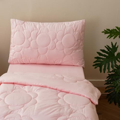 Image of Wellboo Solid Pink Toddler Bedding Sets for Girls Boho Sunflower 4 Pieces Soft Crib Bed Set Including Comforter, Sheets and Pillowcase Kids Soft Solid Color Aesthetic Bean Pink Quilt