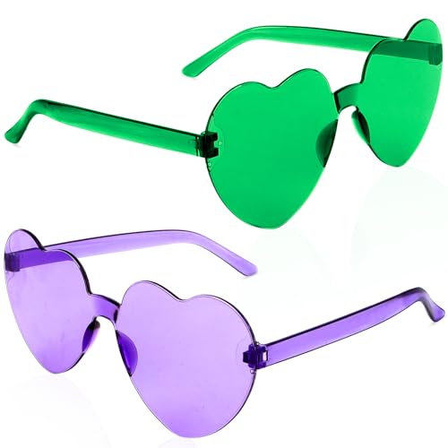 Green Purple Heart Sunglasses 2 Pack Mardi Gras Heart Shaped Sunglass for Women Purple Glasses for Men Green Hearts Shaped Sunglasses for Mardi Gras Outfit Accessory Party Decorations