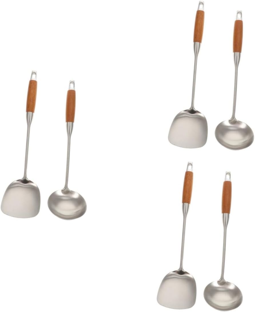 Cabilock 6pcs Stainless Steel Cooking Spatula Spoon Set Soup Spoon Kitchen Gadgets Wooden Handle Comfortable to Hold