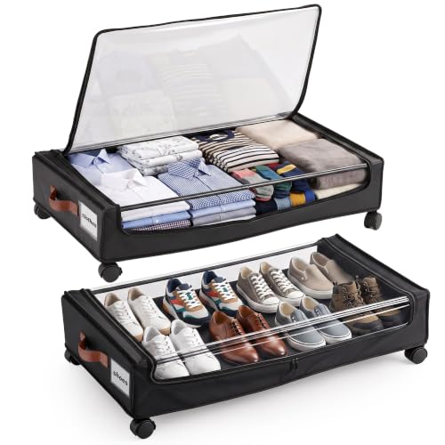 Image of Story@Home Underbed Storage Box and Organiser with Wheels | Under Bed Storage Bags with Clear Lid & Label | Rolling Under Bed Storage for Clothes, Shoes, Blankets - Black - Pack of 1