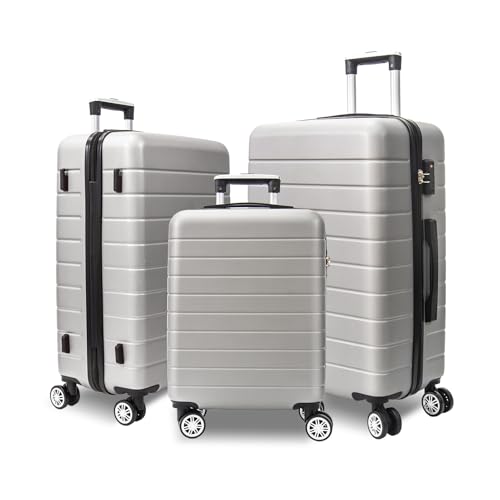 VANELC 3-Piece Luggage Sets Travel Lightweight Suitcases with Rolling Wheels,TSA lock & ABS Hard Shell,Carry on Luggages for Business, Trip, (20/24/28) (Silver Grey, 3PCS)