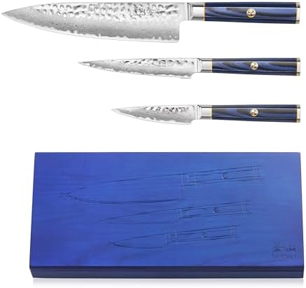 Cangshan KITA Series 3-Piece Starter Knife Set (8" Chef + Serr. Utility + 3.5" Paring) High Carbon X-7 Damascus Steel Blades with Ash Wood Box, 501530 (3pc)