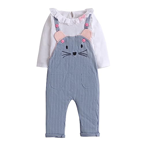 Image of Hopscotch Baby Girls Cotton Cartoon Face Print Dungaree and Top Set in Blue Color