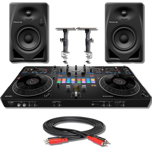 Pioneer DDJ-REV5 4-deck DJ Controller with Pioneer DM-40D 4-inch Desktop Active Monitor Speaker Pair, Adjustable Speaker Stands and 6.5' RCA-RCA Cable