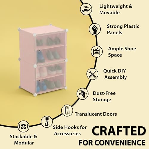 Image of ALOXE DIY Foldable Shoe Rack | 4 Layer Plastic Shoes Rack with Door Cover | Multipurpose Stand for Home & Entryway (Pink)