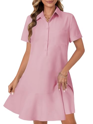 Image of OPOIPIN Women's Collared V Neck Stripe Short Sleeve Button UP Ruffle Hem Shirt Tunic Mini Dress