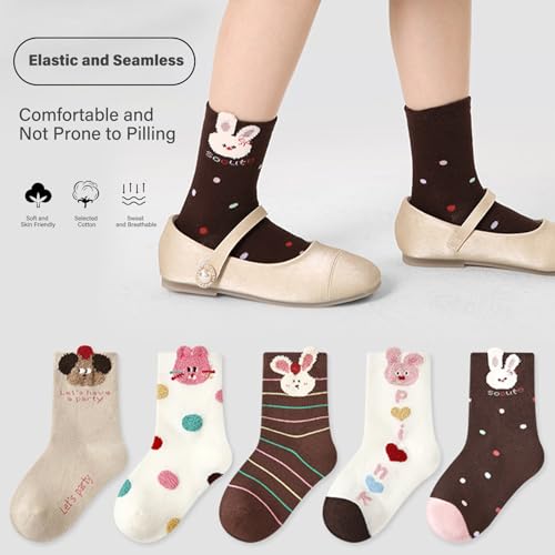 Girls Toddler Socks Mid-Calf Crew Socks White Stripes Ribbed Cuffs Rabbit Letter Embroidery Cute 5 Pairs 1-3 Years3