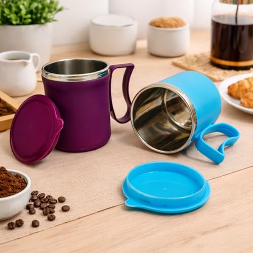 Image of Insulated Stainless Steel Coffee Mug with Lid, 300ml, Double Wall, Reusable Travel Mug for Home & Office (Purple - Sky Blue)